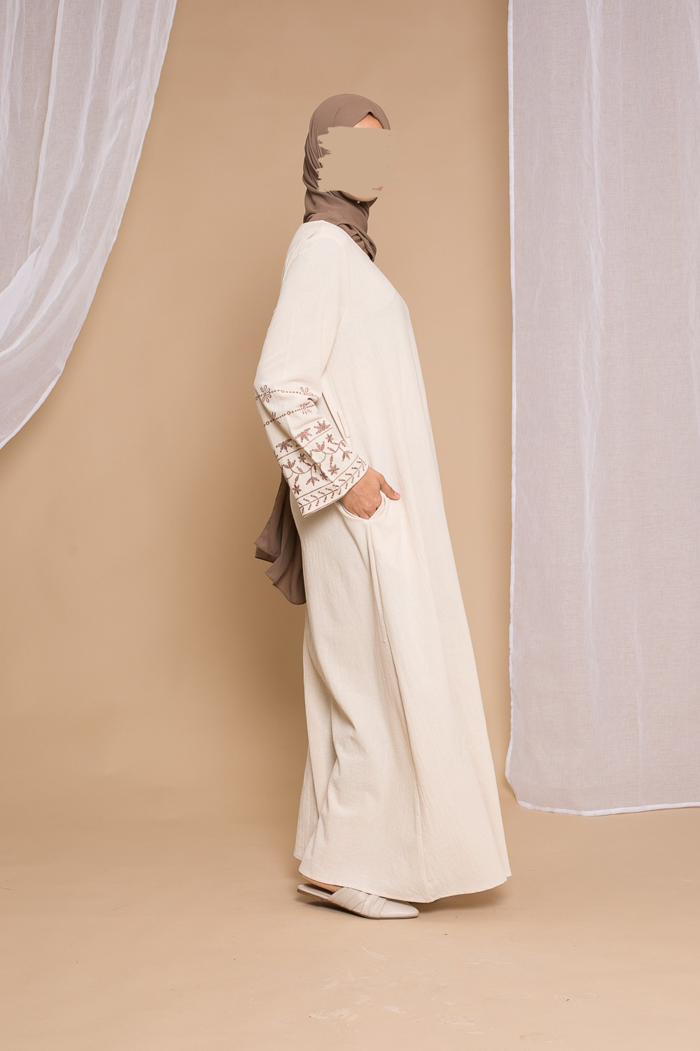 Embroidered Cotton Dress - Beige