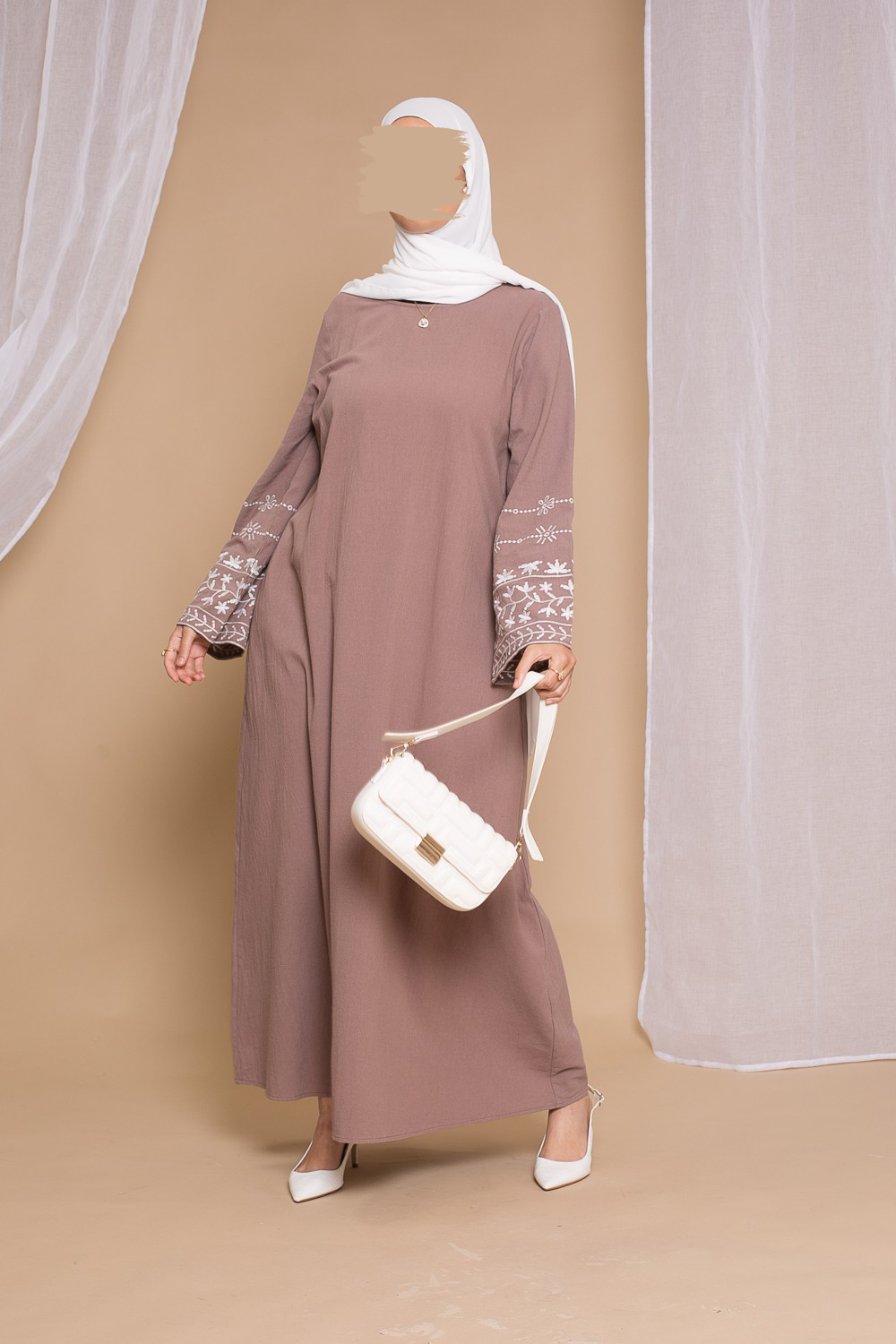 Embroidered Cotton Dress- Taupe - Hijab Boutique