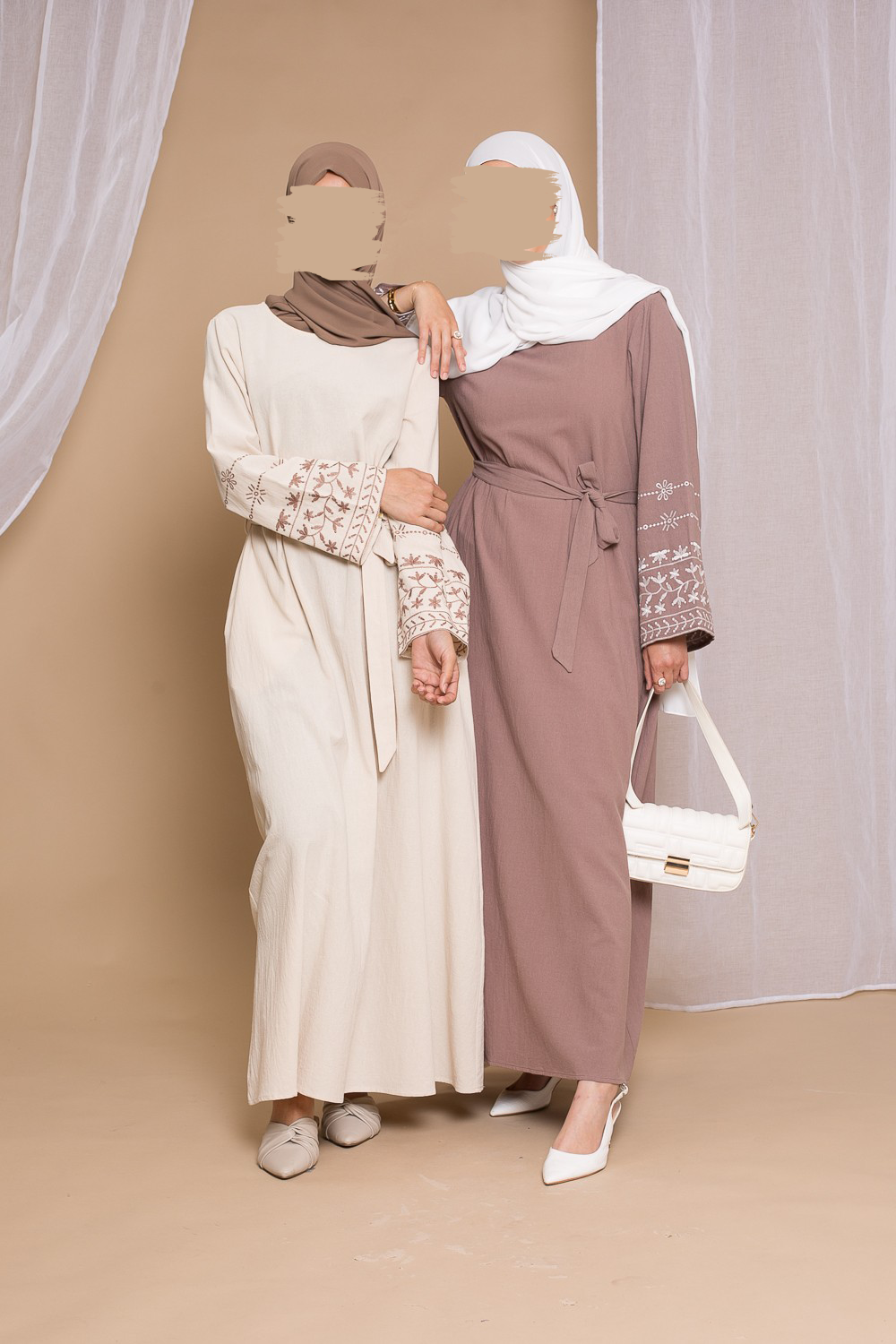 Embroidered Cotton Dress- Taupe - Hijab Boutique