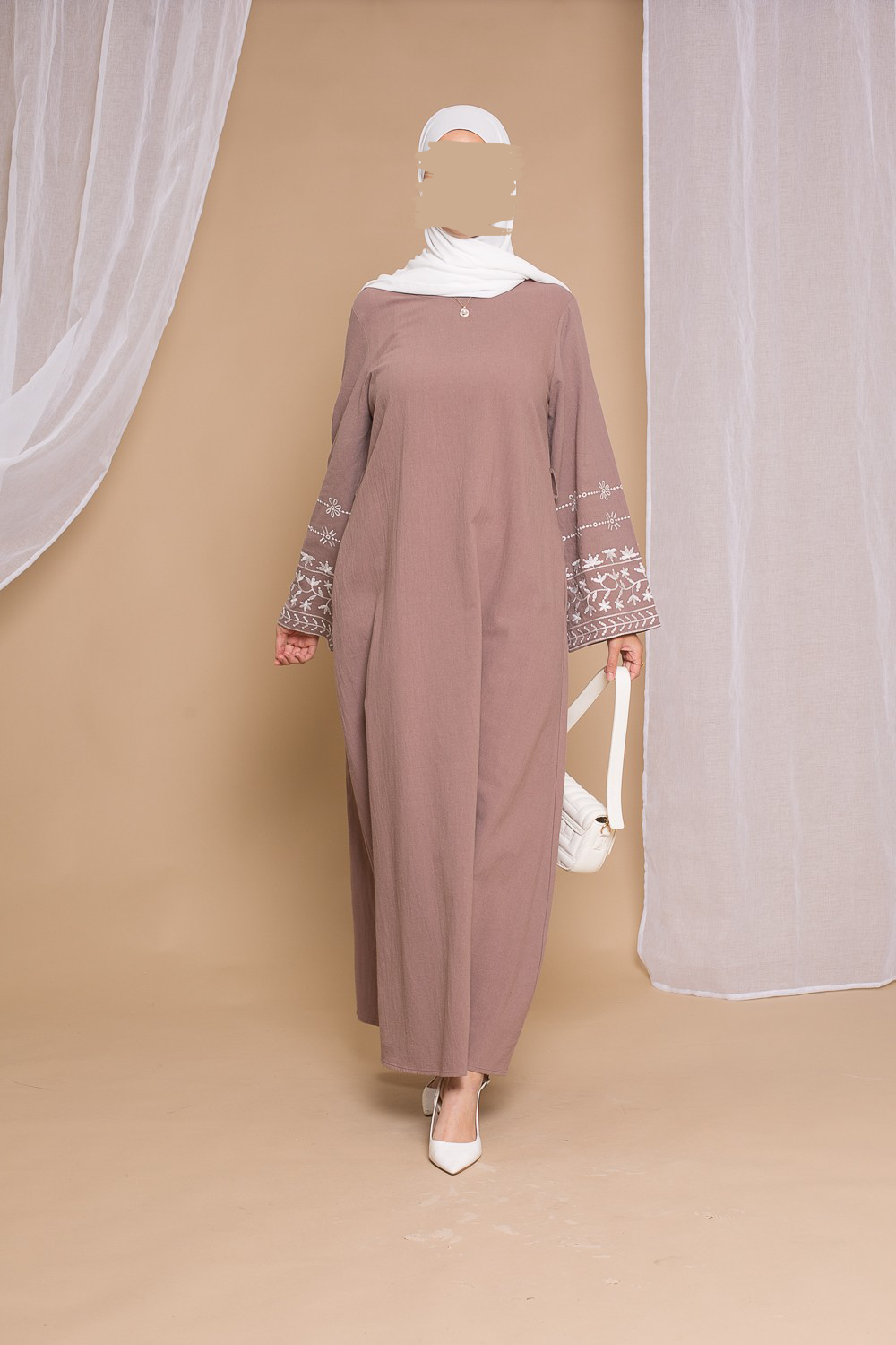 Embroidered Cotton Dress- Taupe