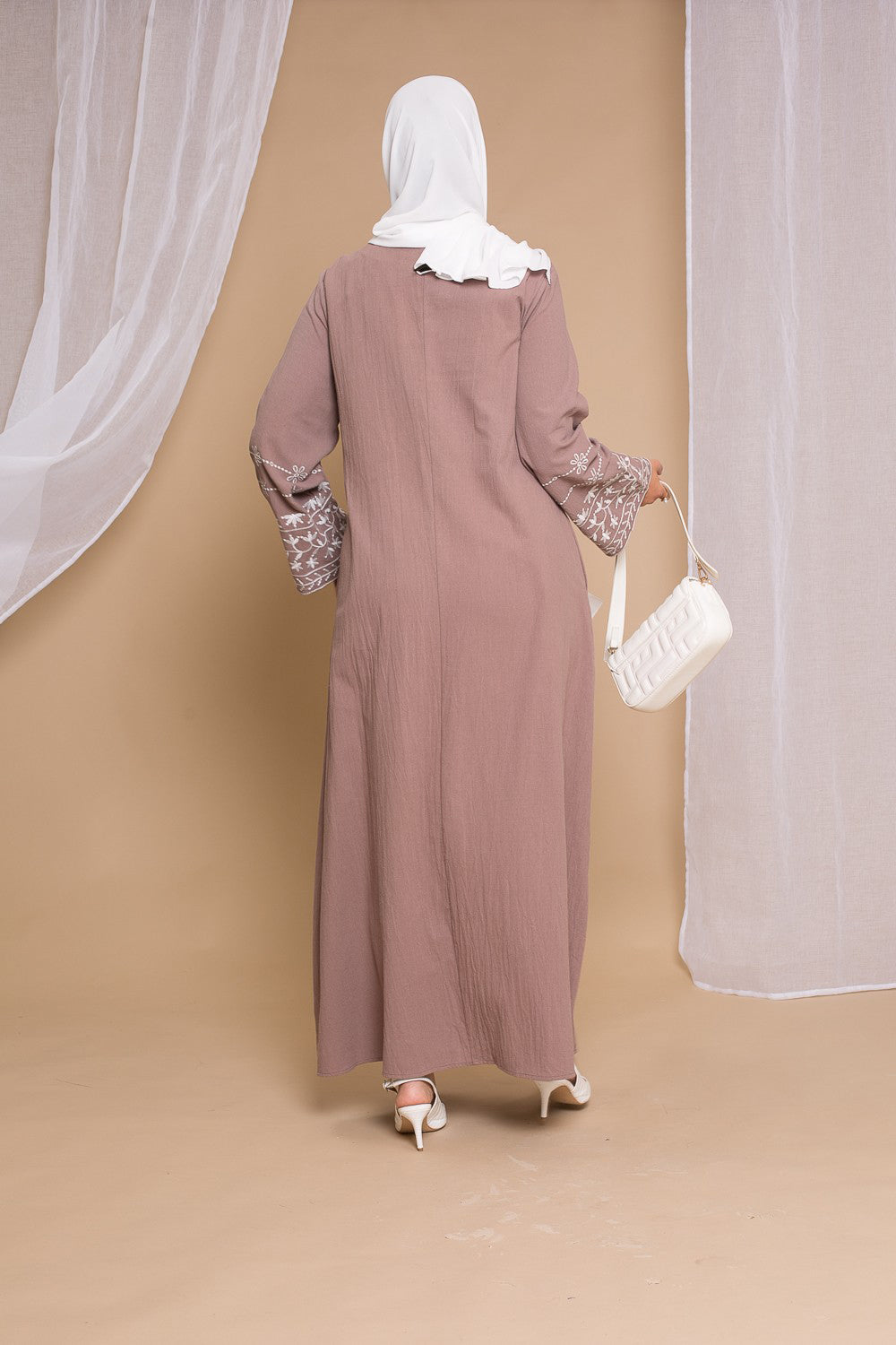 Embroidered Cotton Dress- Taupe - Hijab Boutique