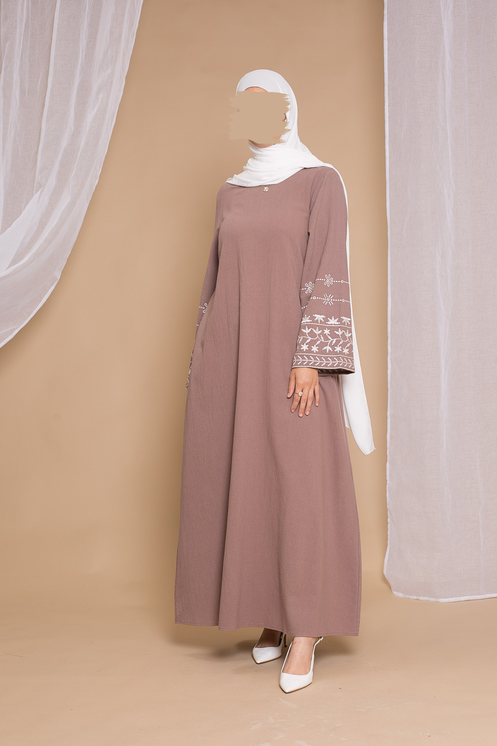 Embroidered Cotton Dress- Taupe - Hijab Boutique